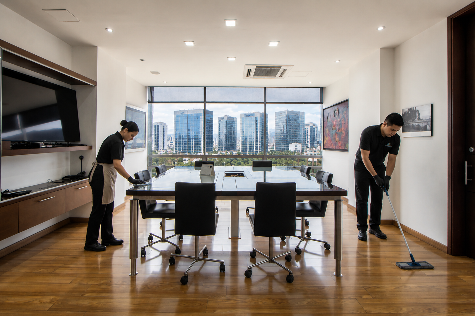 Personal Cleaned Premium limpiando sala de reuniones ejecutiva